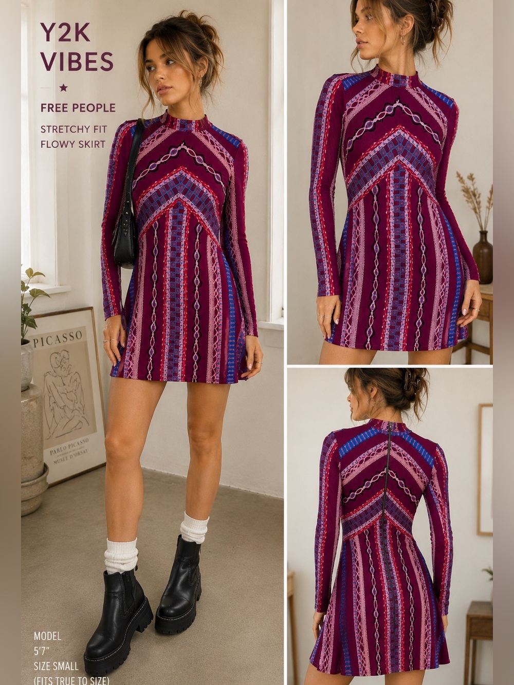 Free People Y2K Psychedelic Boho Bodycon Mini Dress Small